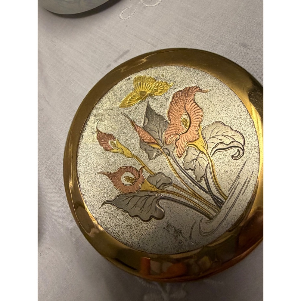 Vintage Chokin Art Ceramic Trinket Box Calla Lily Butterfly Luster Glaze Round - Picture 5 of 12